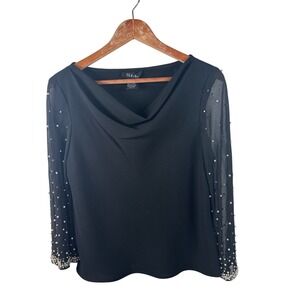 SL Fashions Vintage 10P Black Cowl Neck Sheer Beaded Pearl Sleeve Blouse Holiday